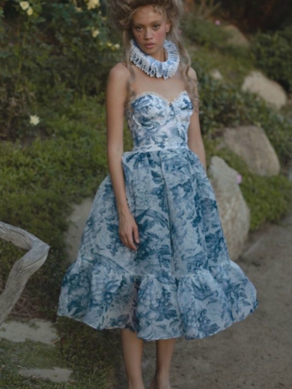 Selkie The French Corset Dress Blue Louie Toile Floral Strapless Midi Dress
